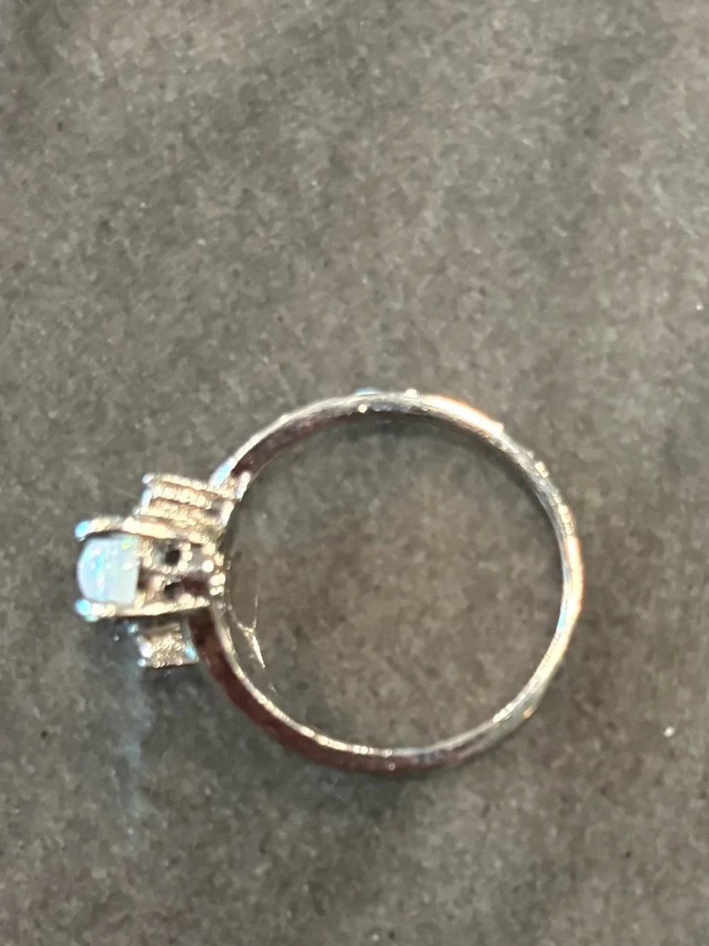 Silver Synthetic White Opal Solitaire Ring with Accent Stones~Size 10.5